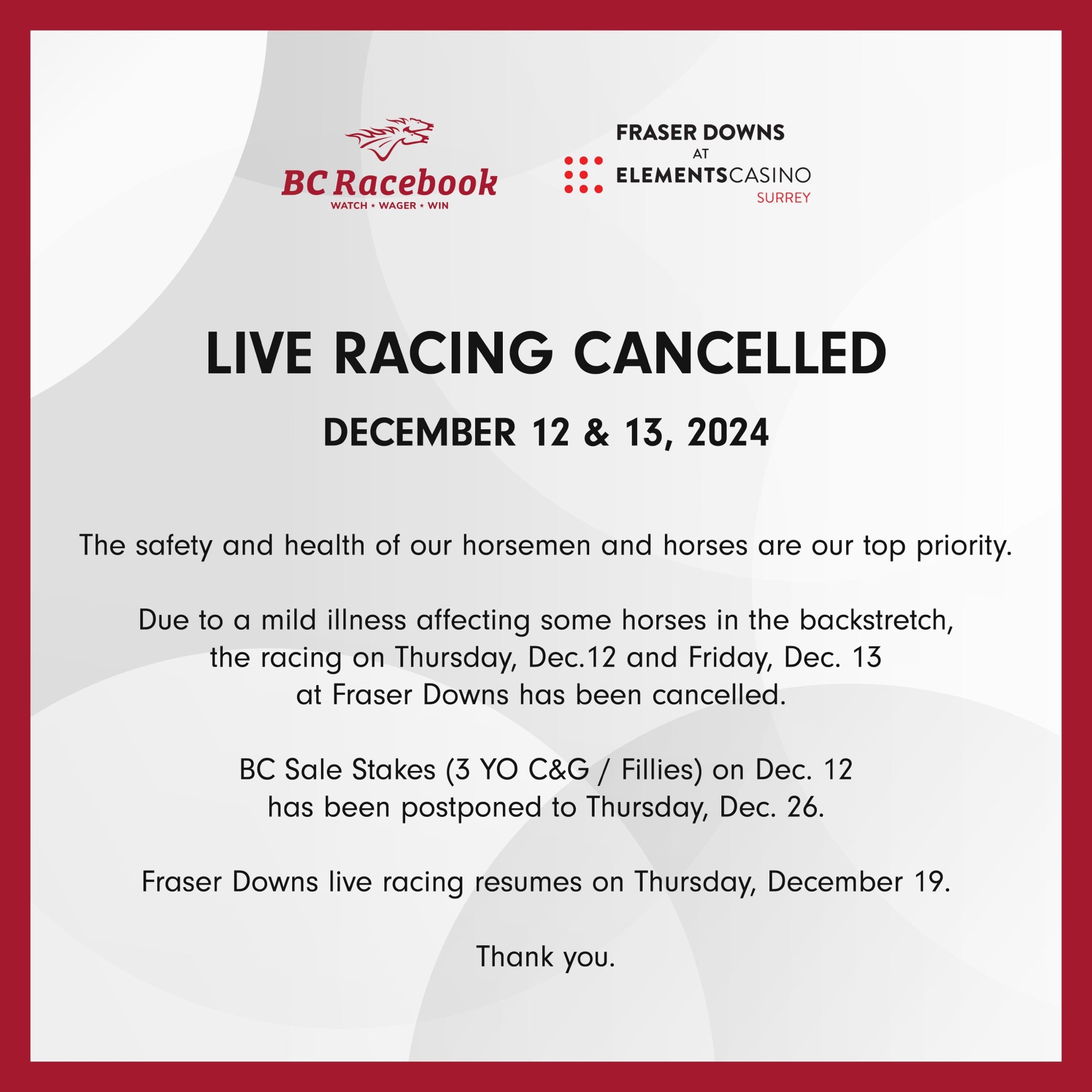 Fraser Downs cancels upcoming dates